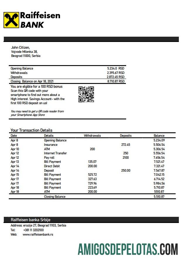 Serbia Raiffeisen Bank Statement examplo